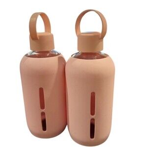 Bink Water Bottle Set of 2 Pink Glass Bottles w/ Sleeves & Loop Caps